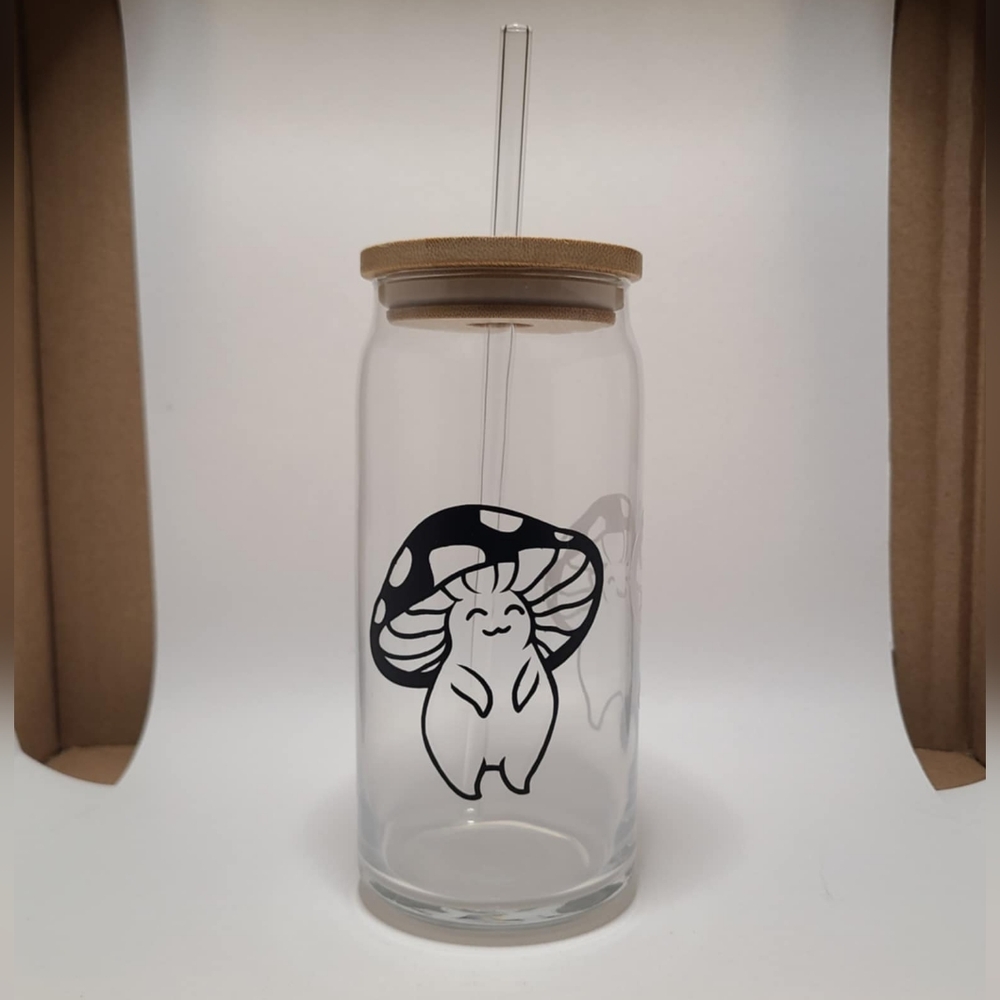 Glass Tumbler with Straw and Bamboo Lid - Black Mushroom Design